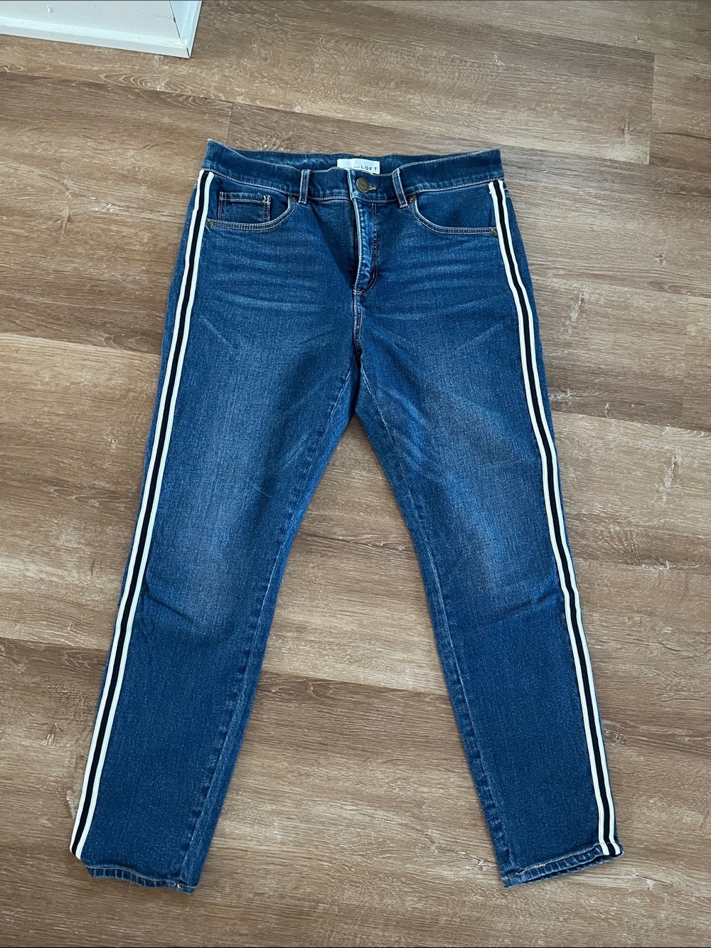 Loft Skinny Side-Stripe Jeans in Dark Blue